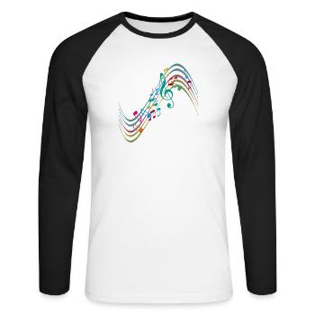 Bunte Symphonie auf schwungvollen Notenlinien - Unisex Baseballshirt langarm - Weiß/Schwarz - Vorne - Nik (191cm)