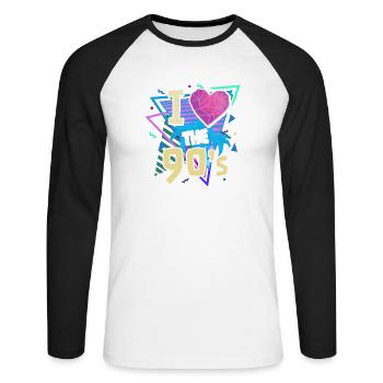 90iger Neunziger Jahrgang - Unisex Baseballshirt langarm - Weiß/Schwarz - Vorne - Nik (191cm)