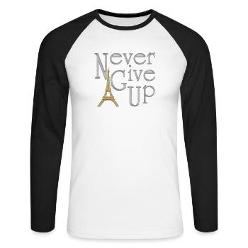 NEVER GIVE UP Silber Eiffelturm Gold - Unisex Baseballshirt langarm - Weiß/Schwarz - Vorne - Nik (191cm)