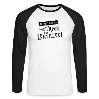On est pas là pour trier des lentilles ! - T-shirt baseball manches longues Homme - blanc/noir - Devant - Nik (191cm)