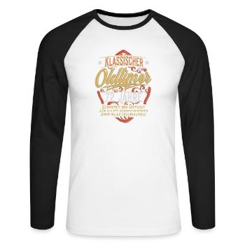 72. Geburtstag Oldtimer - Unisex Baseballshirt langarm - Weiß/Schwarz - Vorne - Nik (191cm)