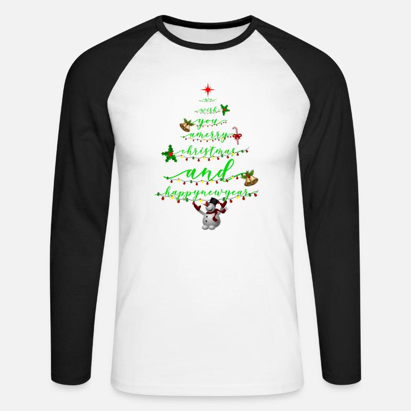 Script Christmas Tree with Snowman - Unisex Long Sleeve Baseball T-Shirt - white/black