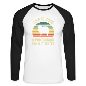 Hund Pomeranian - Unisex Baseballshirt langarm - Weiß/Schwarz - Vorne - Nik (191cm)