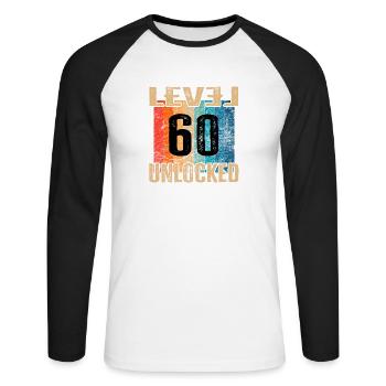 Anniversaire Joyeux anniversaire Niveau débloqué 60 ans - T-shirt baseball manches longues Homme - blanc/noir - Devant - Nik (191cm)