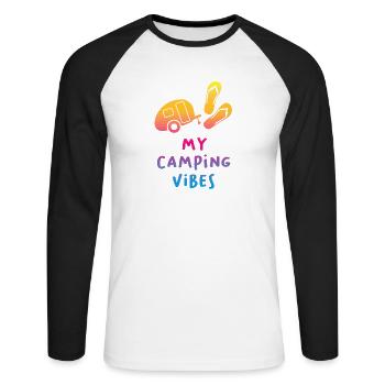 Camping Vibes Quote Caravan Motorhome Course Fan - Unisex Long Sleeve Baseball T-Shirt - white/black - Front - Nik (191cm)