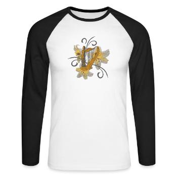 Musiker outfits frauen, Lilien harfenmotiv - Unisex Baseballshirt langarm - Weiß/Schwarz - Vorne - Nik (191cm)