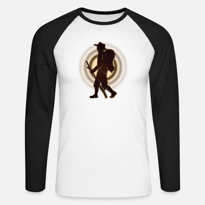 Pilger oder Wanderer mit Wanderstab & Rucksack - Unisex Baseballshirt langarm - Weiß/Schwarz