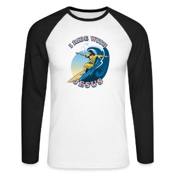 I Ride With Jesus | Jesus Christ Surfeur - T-shirt baseball manches longues Homme - blanc/noir - Devant - Nik (191cm)