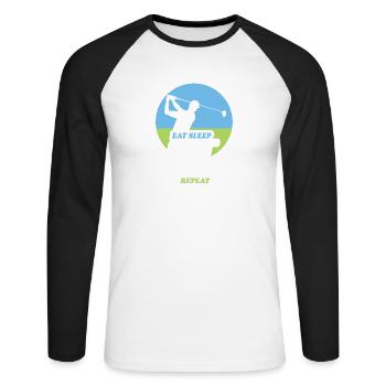 Essen, Schlafen, Golfen, Wiederholen - Unisex Baseballshirt langarm - Weiß/Schwarz - Vorne - Nik (191cm)