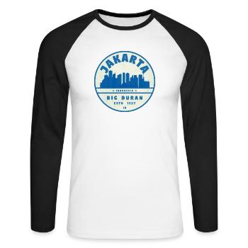 Jakarta Skyline Rundlogo Blau Weiß - Unisex Baseballshirt langarm - Weiß/Schwarz - Vorne - Nik (191cm)