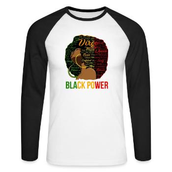 Portrait du Nuage de mots d’Afro Power - T-shirt baseball manches longues Homme - blanc/noir - Devant - Nik (191cm)