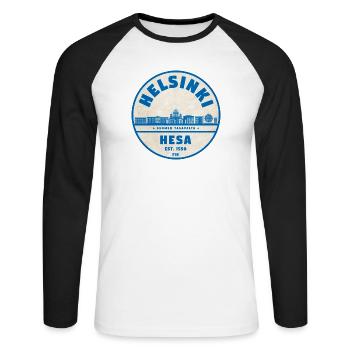 Helsinki Skyline Emblem 1550 - Unisex Baseballshirt langarm - Weiß/Schwarz - Vorne - Nik (191cm)