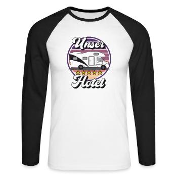 Campingplatzimpressionen: Wohnmobil Design - Unisex Baseballshirt langarm - Weiß/Schwarz - Vorne - Nik (191cm)