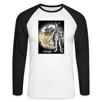 Retro Vikings Dragon Boat Moonlight Illustration - Unisex Long Sleeve Baseball T-Shirt - white/black - Front - Nik (191cm)