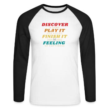 Entdecken Sie ein Spiel und beenden Sie es - Unisex Baseballshirt langarm - Weiß/Schwarz - Vorne - Nik (191cm)