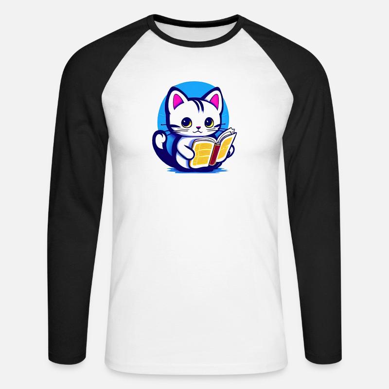 Katze liest ein Buch - Unisex Baseballshirt langarm - Weiß/Schwarz