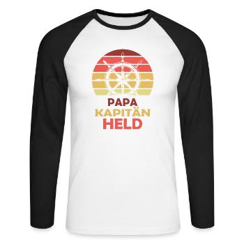Papa Kapitän Held - Unisex Baseballshirt langarm - Weiß/Schwarz - Vorne - Nik (191cm)