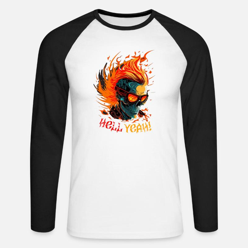 Flaming Skull with Hell Yeah - Unisex Long Sleeve Baseball T-Shirt - white/black