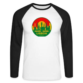 Lisboa Retro Skyline Silhouette - Unisex Baseballshirt langarm - Weiß/Schwarz - Vorne - Nik (191cm)