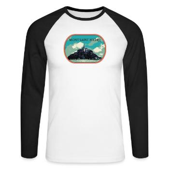 Illustration in blue and green of Mont Saint Michel - Unisex Long Sleeve Baseball T-Shirt - white/black - Front - Nik (191cm)