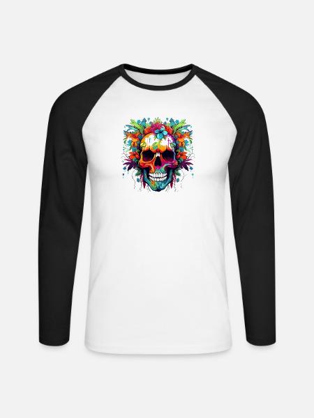 Bunter Blumenkopf Totenschädel - Unisex Baseballshirt langarm - Weiß/Schwarz