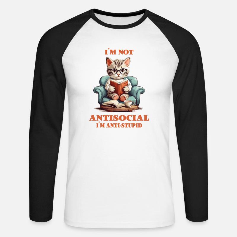 Schlaue Katze mit Lesebrille - Unisex Baseballshirt langarm - Weiß/Schwarz