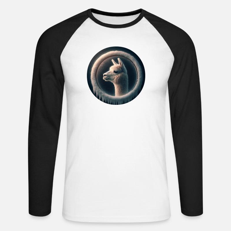 Alpaka schaut durch Fenster aus Eis - Unisex Baseballshirt langarm - Weiß/Schwarz