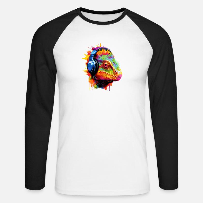 Chamäleon mit Kopfhörer Musik Chamäleons - Unisex Baseballshirt langarm - Weiß/Schwarz