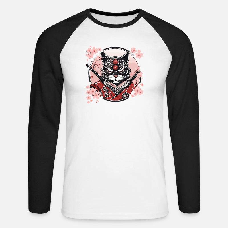 Dämonischer Kawaii Neko Samurai : Katzen-Samurai - Unisex Baseballshirt langarm - Weiß/Schwarz