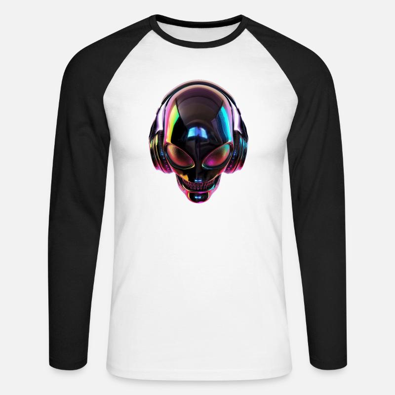 Schwarzer Alien-Kopf mit Kopfhörern - Unisex Baseballshirt langarm - Weiß/Schwarz