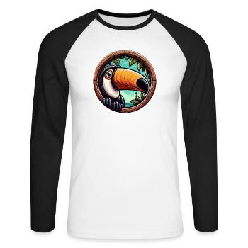 Cartoon toucan looking through round window - Unisex Long Sleeve Baseball T-Shirt - white/black - Front - Nik (191cm)