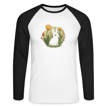 Garten-Hase mit Tulpe und anderen Blumen - Unisex Baseballshirt langarm - Weiß/Schwarz - Vorne - Nik (191cm)