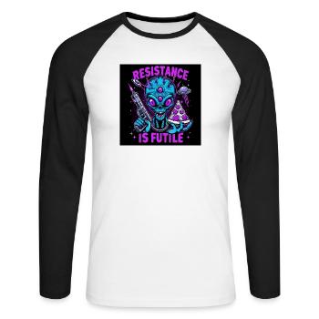 Galaktische Rebellion: Widerstand ist zwecklos - Unisex Baseballshirt langarm - Weiß/Schwarz - Vorne - Nik (191cm)