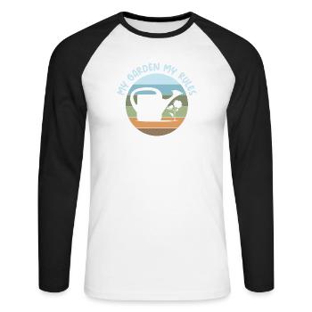 lustige Sprüche Garten Gärtner Regeln retro Logo - Unisex Baseballshirt langarm - Weiß/Schwarz - Vorne - Nik (191cm)