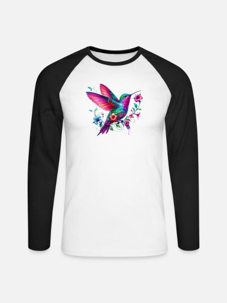 Kolibri mit Blumen geschmückt - Unisex Baseballshirt langarm - Weiß/Schwarz