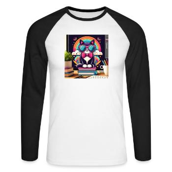 Chat studieux à lunettes - T-shirt baseball manches longues Homme - blanc/noir - Devant - Nik (191cm)