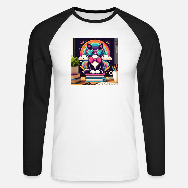 Studious cat with glasses - Unisex Long Sleeve Baseball T-Shirt - white/black