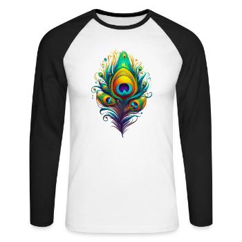 Pfauenfedern Federn Kugelschreiber - Unisex Baseballshirt langarm - Weiß/Schwarz - Vorne - Nik (191cm)
