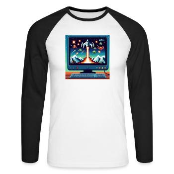 Retro-Flugzeug-Spiel - Unisex Baseballshirt langarm - Weiß/Schwarz - Vorne - Nik (191cm)