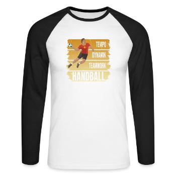 Tempo - Dynamik - Teamwork - Handball - Unisex Baseballshirt langarm - Weiß/Schwarz - Vorne - Nik (191cm)