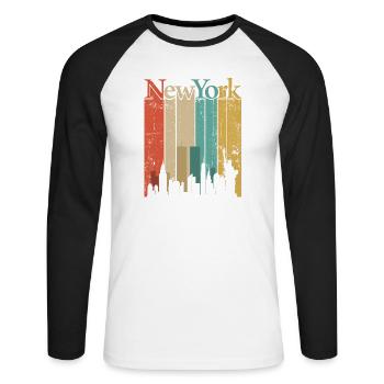 New York Skyline Retro Streifen - Unisex Baseballshirt langarm - Weiß/Schwarz - Vorne - Nik (191cm)