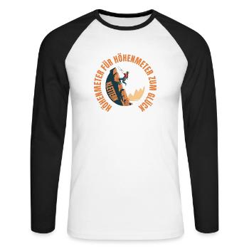 Höhenmeter für Höhenmeter zum Glück - Unisex Baseballshirt langarm - Weiß/Schwarz - Vorne - Nik (191cm)
