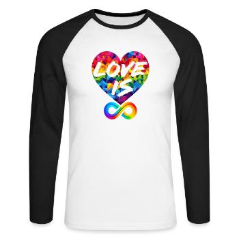 LIEBE IST UNENDLICH, LIEBESPUZZLE, LGBTQIA+ - Unisex Baseballshirt langarm - Weiß/Schwarz - Vorne - Nik (191cm)