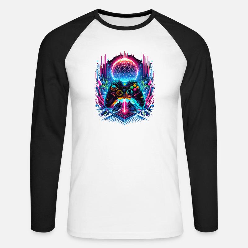 Synthwave Cyberpunk Gaming Controller - Unisex Baseballshirt langarm - Weiß/Schwarz