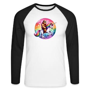 Orang-Utan auf Regenbogen-Einhorn - Unisex Baseballshirt langarm - Weiß/Schwarz - Vorne - Nik (191cm)