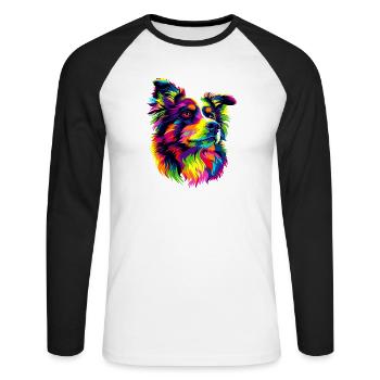 Australian Shepherd Bunte Farben Pop Art Aussie - Unisex Baseballshirt langarm - Weiß/Schwarz - Vorne - Nik (191cm)