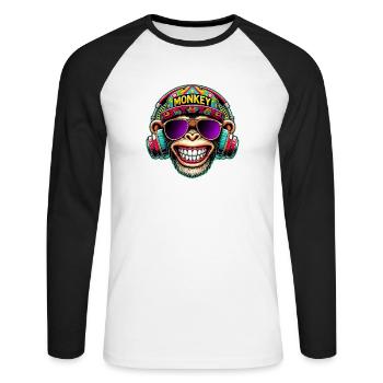 Cooler DJ Monkey Kopfhörer Bunter Retro-Stil - Unisex Baseballshirt langarm - Weiß/Schwarz - Vorne - Nik (191cm)