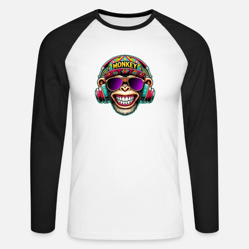 Cooler DJ Monkey Kopfhörer Bunter Retro-Stil - Unisex Baseballshirt langarm - Weiß/Schwarz