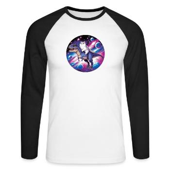 Kosmos-Tierreiter: Katze auf Dino - Unisex Baseballshirt langarm - Weiß/Schwarz - Vorne - Nik (191cm)