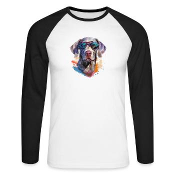 Braque de Weimar avec lunettes de soleil - T-shirt baseball manches longues Homme - blanc/noir - Devant - Nik (191cm)